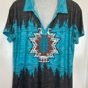 Aztec Patterned Turquoise Button Down Shirt